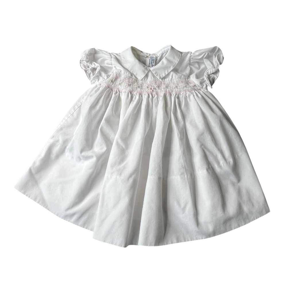 Vintage FELTMAN Bros. White Smocked Baby Dress PINK FLOWERS sz 9 Months